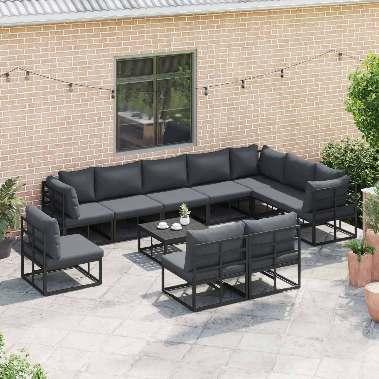vidaXL vidaXL Garden Sofa Set with Cushion 10 pcs Black Aluminium - Garden Sofa Sets