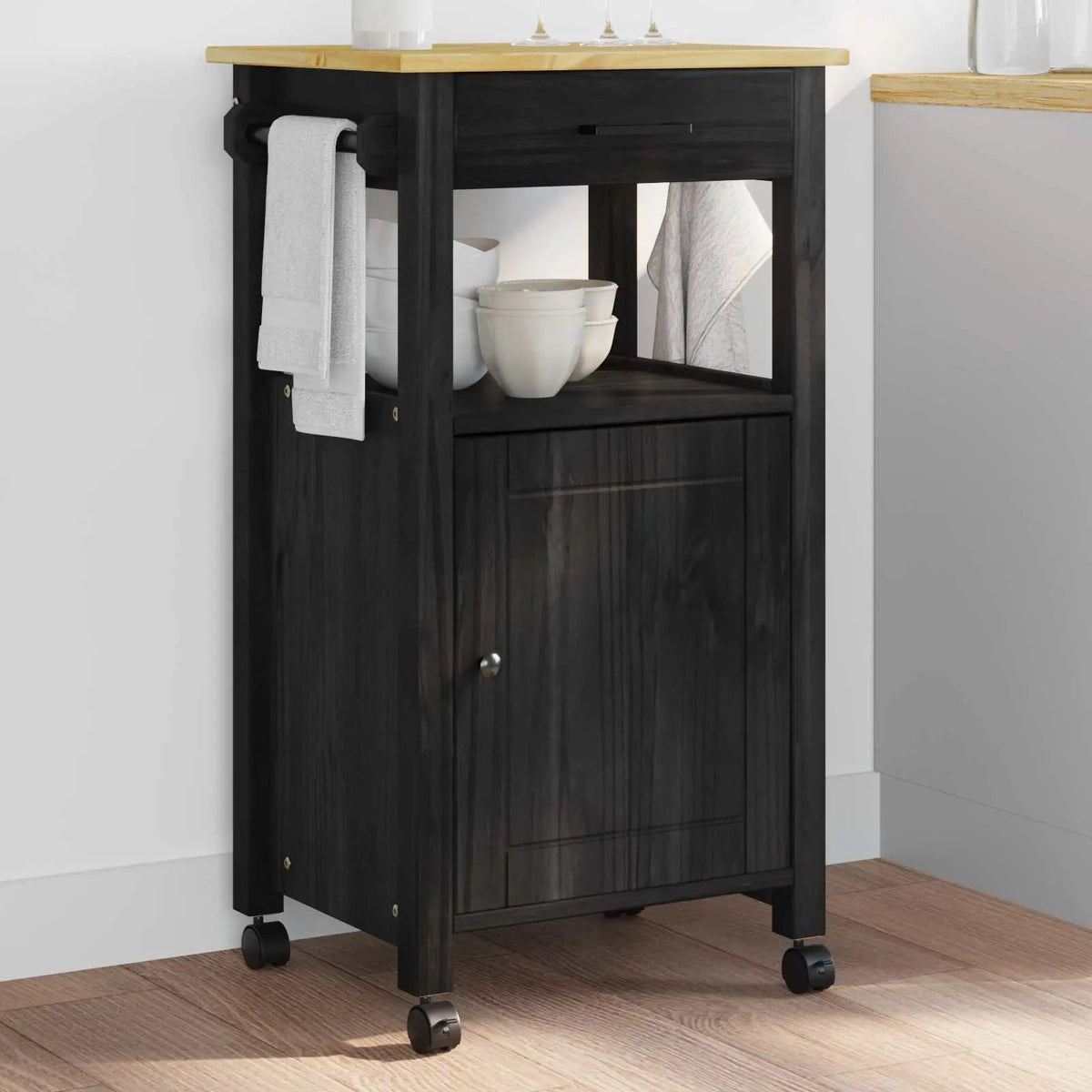 vidaXL Kitchen Trolley MONZA Black 48 x 40 x 88.5 cm Solid Pine Wood - from vidaXL