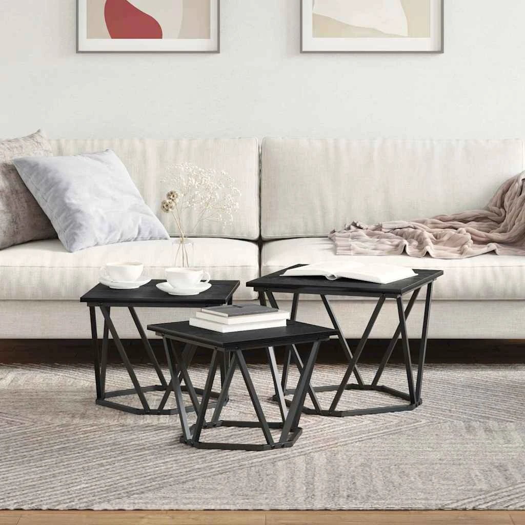 VidaXL Three-Piece Nesting Coffee Tables Black Oak Engineered Wood And Steel Set For Modern Living Rooms by vidaXL
