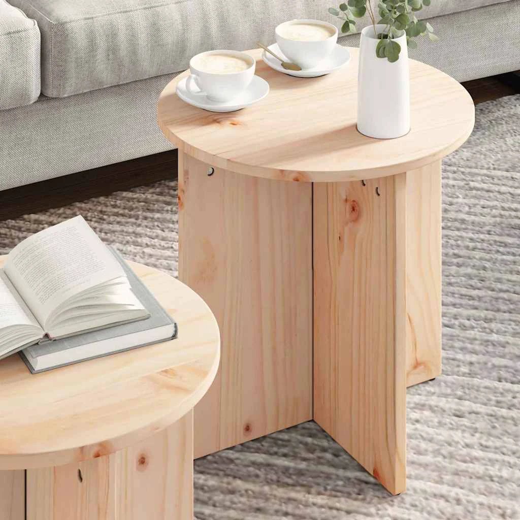 vidaXL VidaXL Rustic Pine Round Coffee Table Set Two Piece Natural Finish Living Room Decor - Coffee Table