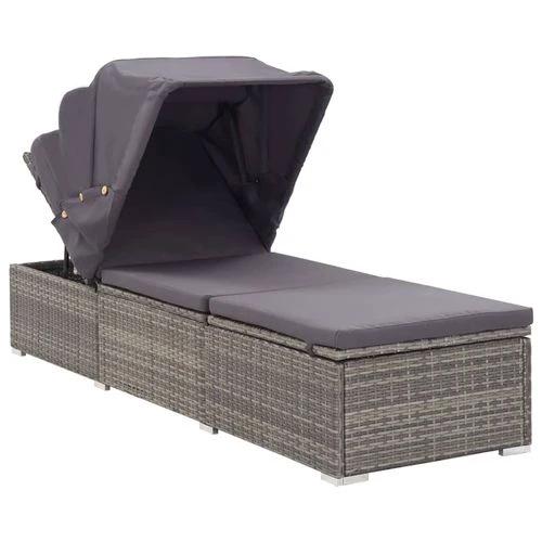 Sun Lounger with Canopy and Cushion Poly Rattan Grey by vidaXL