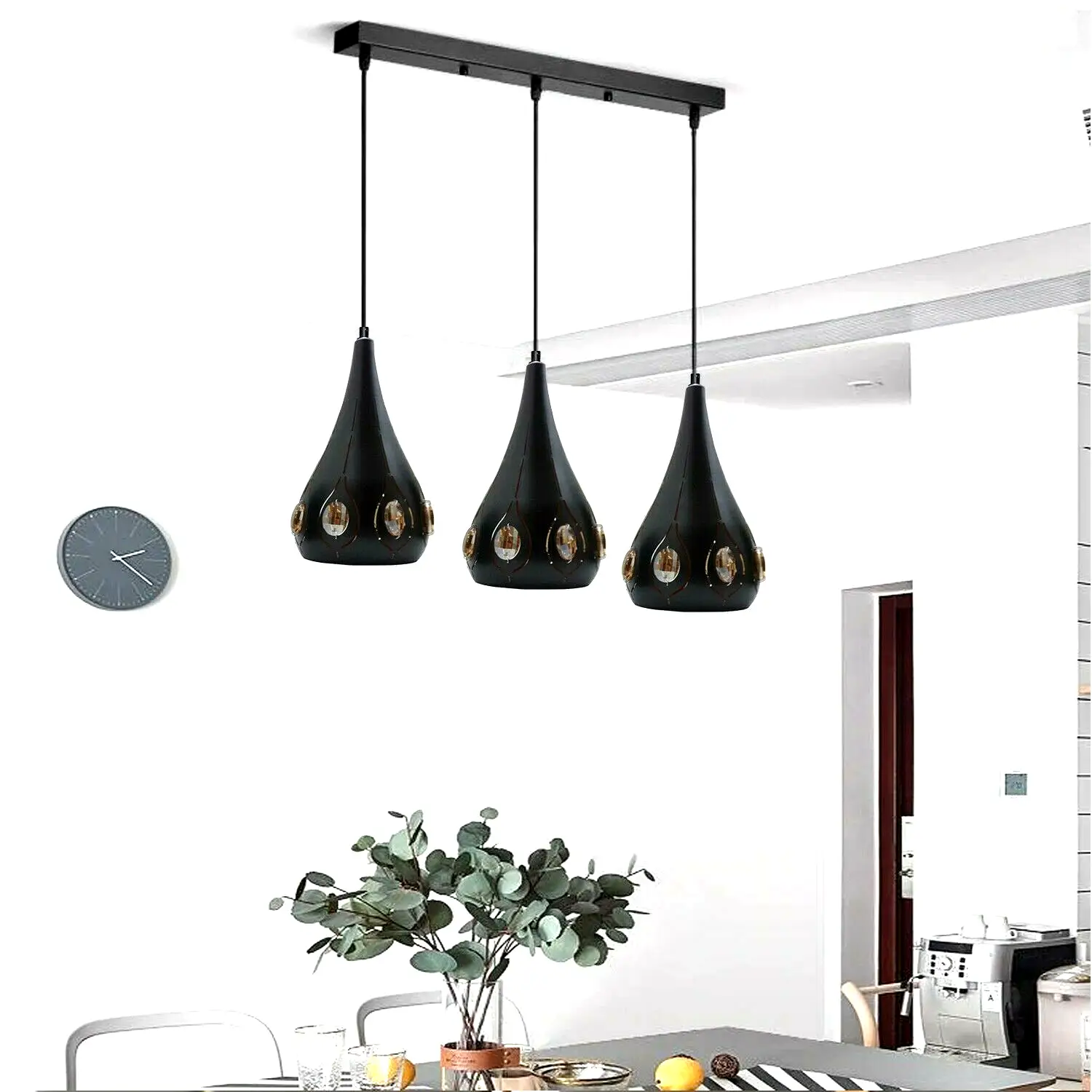 Ledsone Modern Retro Industrial Crystal Ceiling Light Shade 3Head Hanging Pendant Lights - Pendant Lights