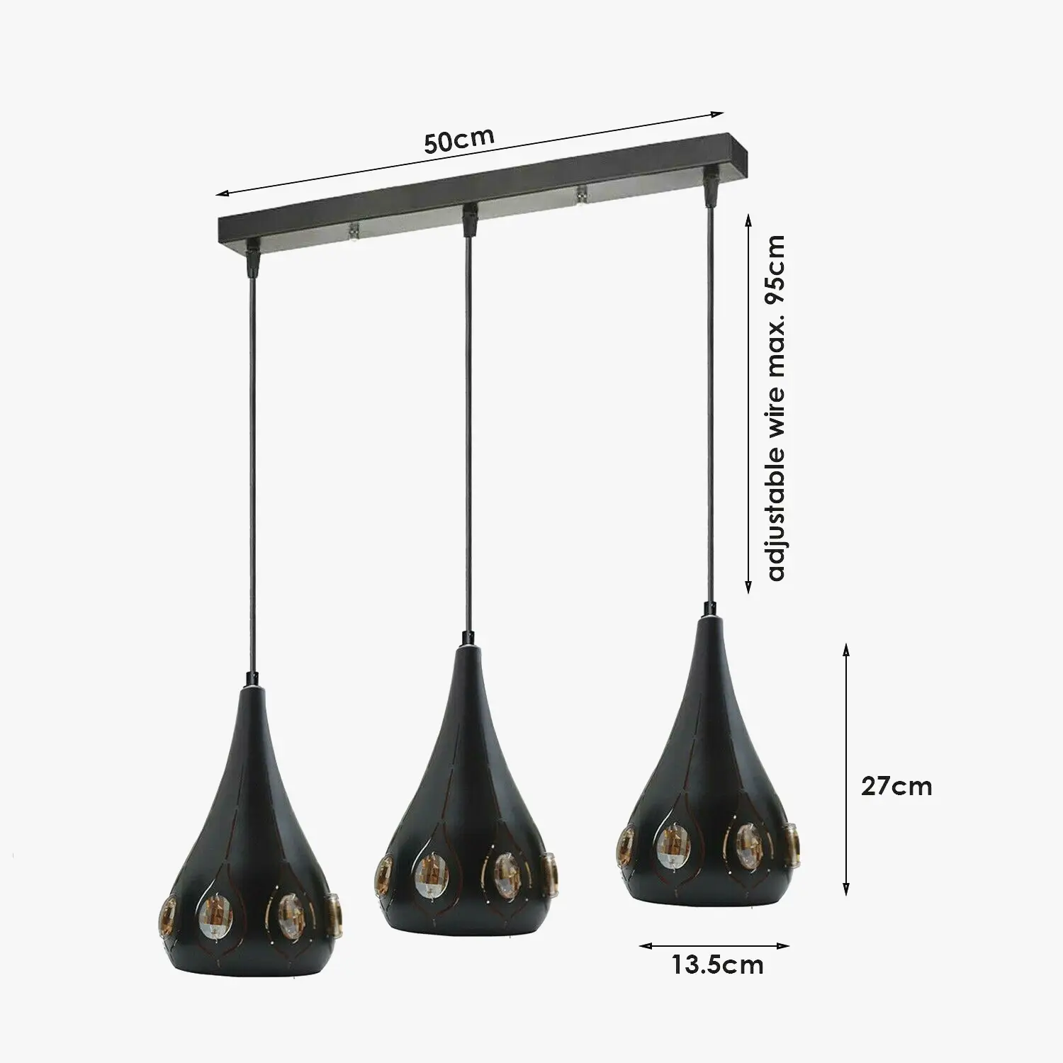 Ledsone Modern Retro Industrial Crystal Ceiling Light Shade 3Head Hanging Pendant Lights - Pendant Lights