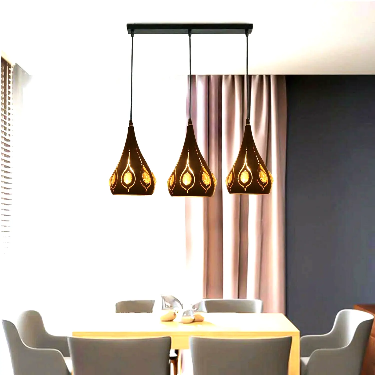 Ledsone Modern Retro Industrial Crystal Ceiling Light Shade 3Head Hanging Pendant Lights - Pendant Lights