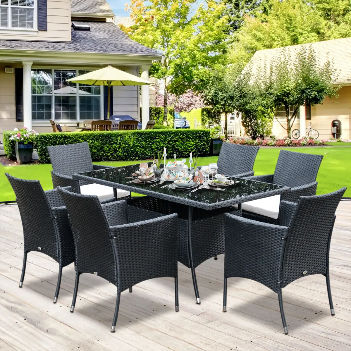 Outsunny Rattan Garden Furniture Dining Set 6-seater Patio Rectangular Table Cube Chairs - Garden Set