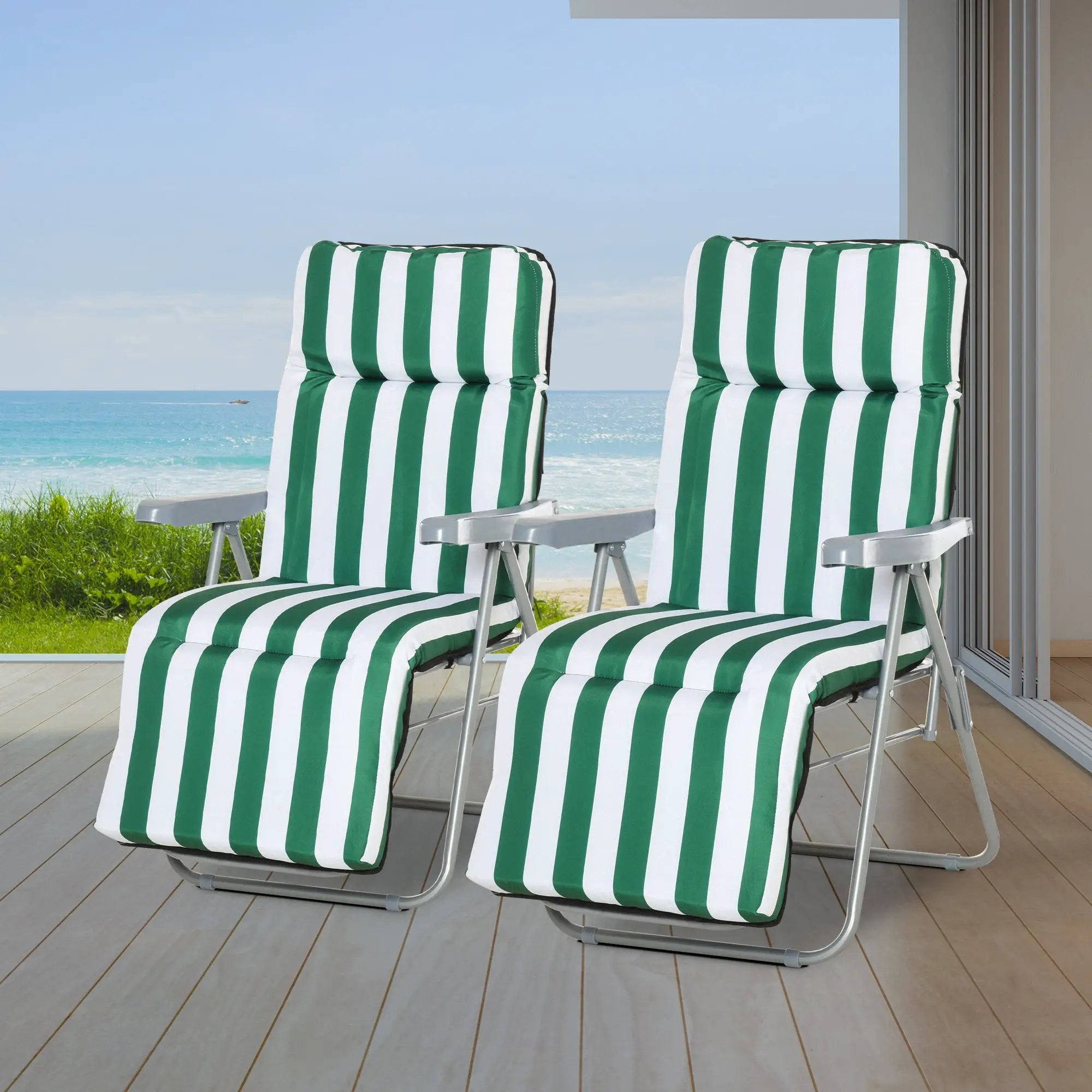 Outsunny 2 Outdoor Sun Recliners Loungers Folding Multi Position Relaxers Chair & Cushion - Sun Lounger
