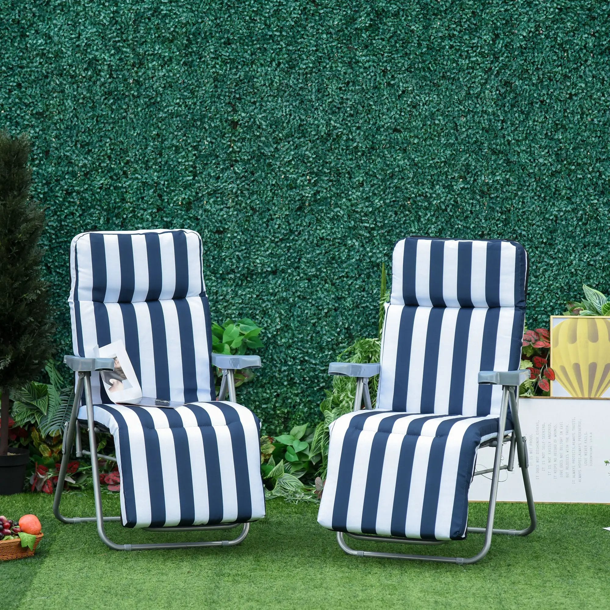 Outsunny 2 Outdoor Sun Recliners Loungers Folding Multi Position Relaxers Chair & Cushion - Sun Lounger