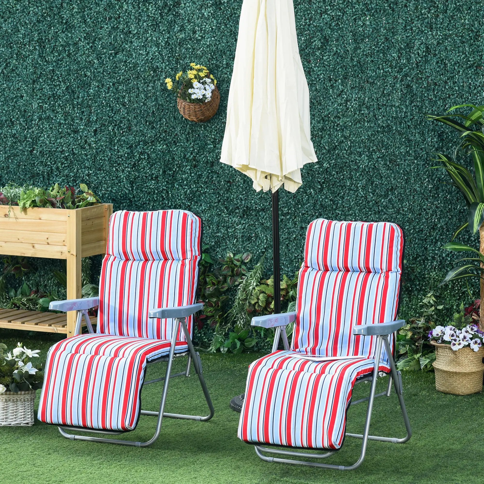 Outsunny 2 Outdoor Sun Recliners Loungers Folding Multi Position Relaxers Chair & Cushion - Sun Lounger