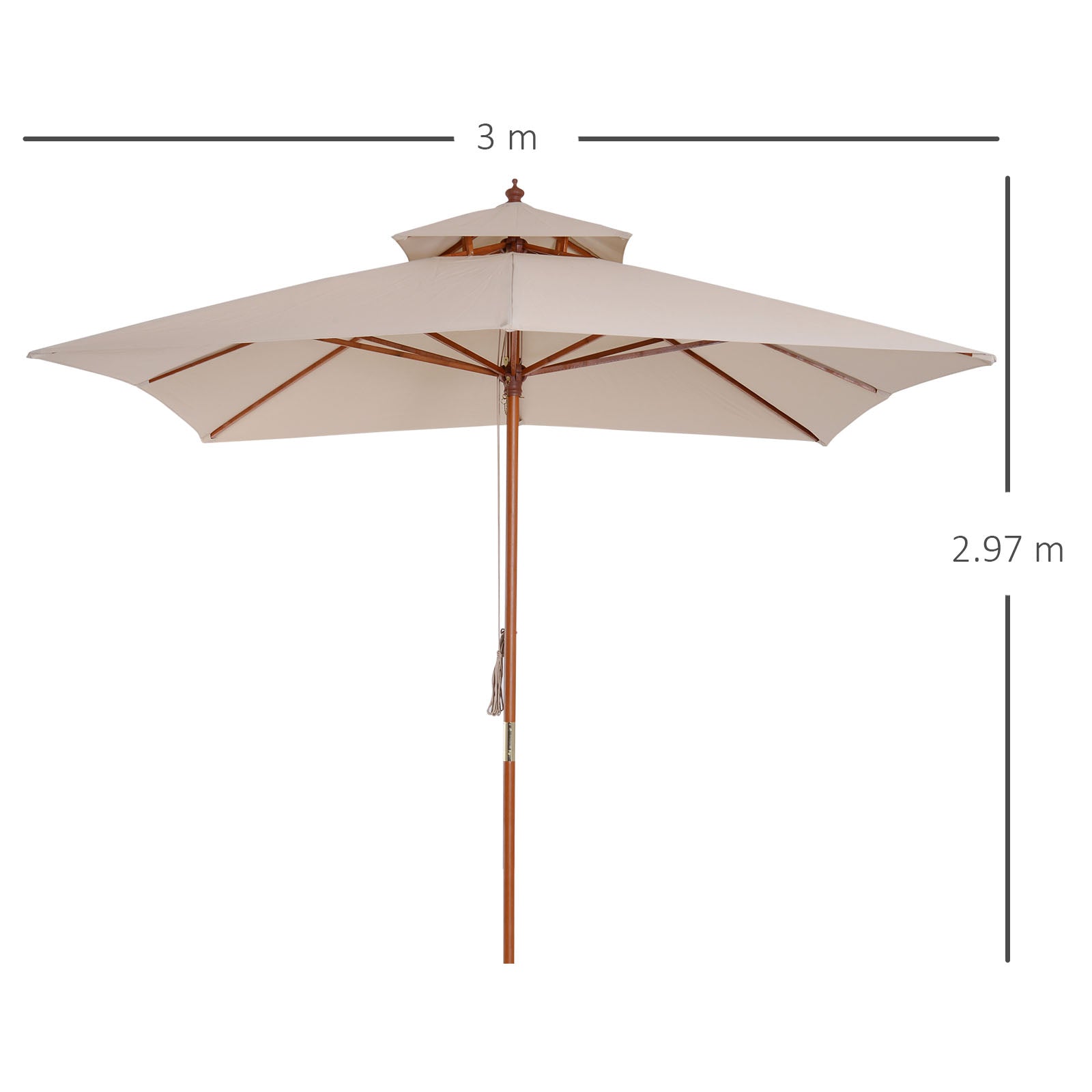 Outsunny 3x3m Wood Square Patio Umbrella Garden Market Parasol Sunshade Canopy - Parasol