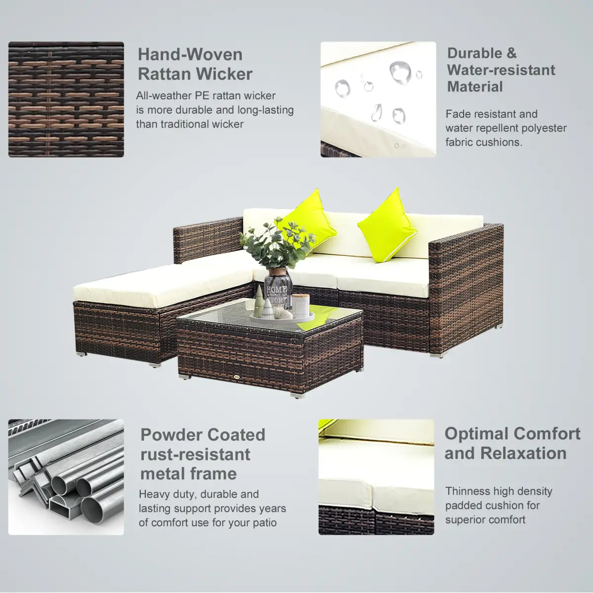 Outsunny 5PC Rattan Furniture Set Wicker Sofa Glass Tempered Tea Table & Cushion Pillows - Garden Sofa Sets