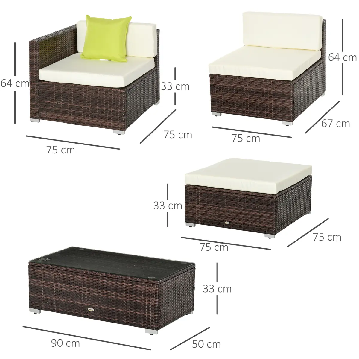 Outsunny 5PC Rattan Furniture Set Wicker Sofa Glass Tempered Tea Table & Cushion Pillows - Garden Sofa Sets