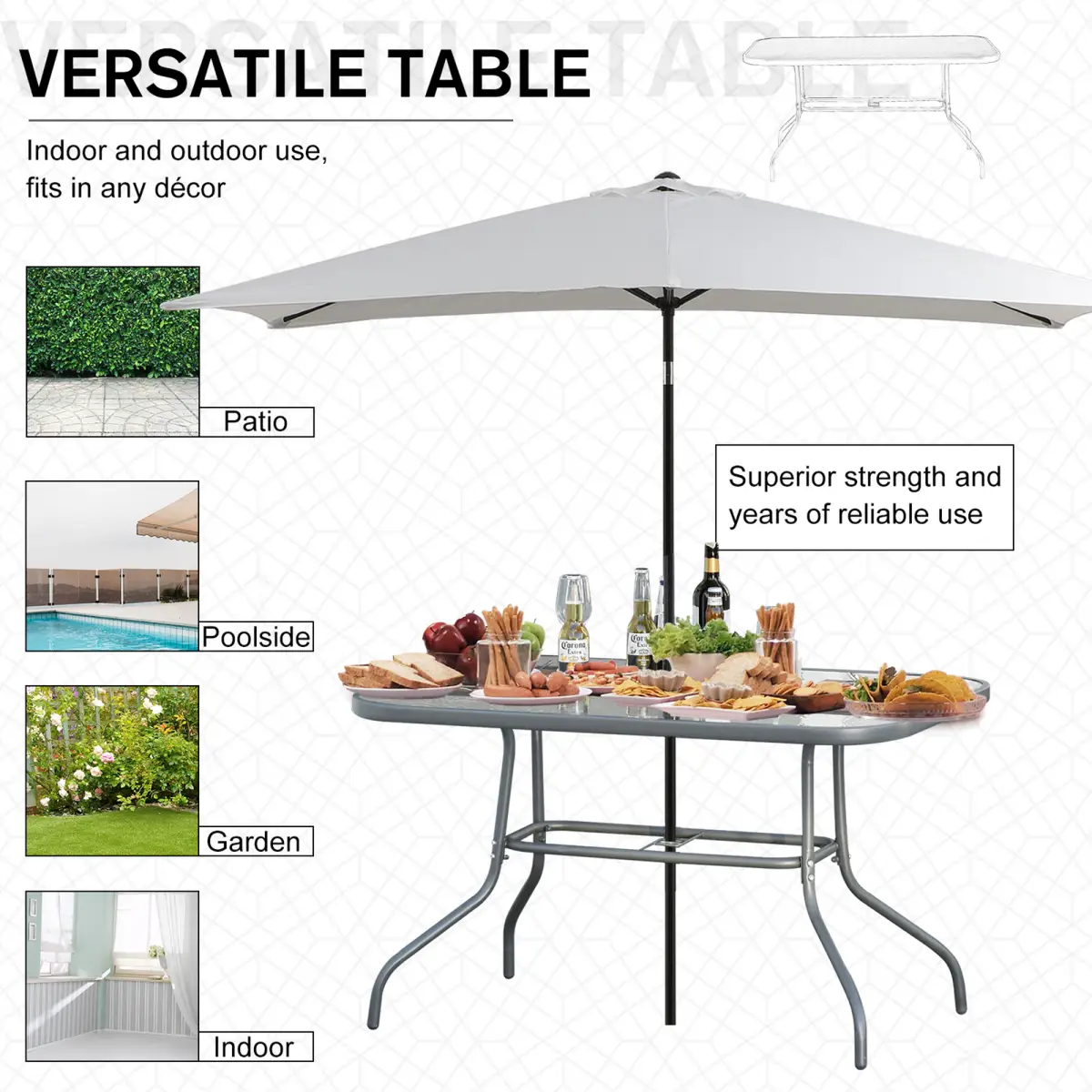 Outsunny Aquatex Glass Garden Table Curved Metal Frame w/ Parasol Hole 4 Legs - Garden Table