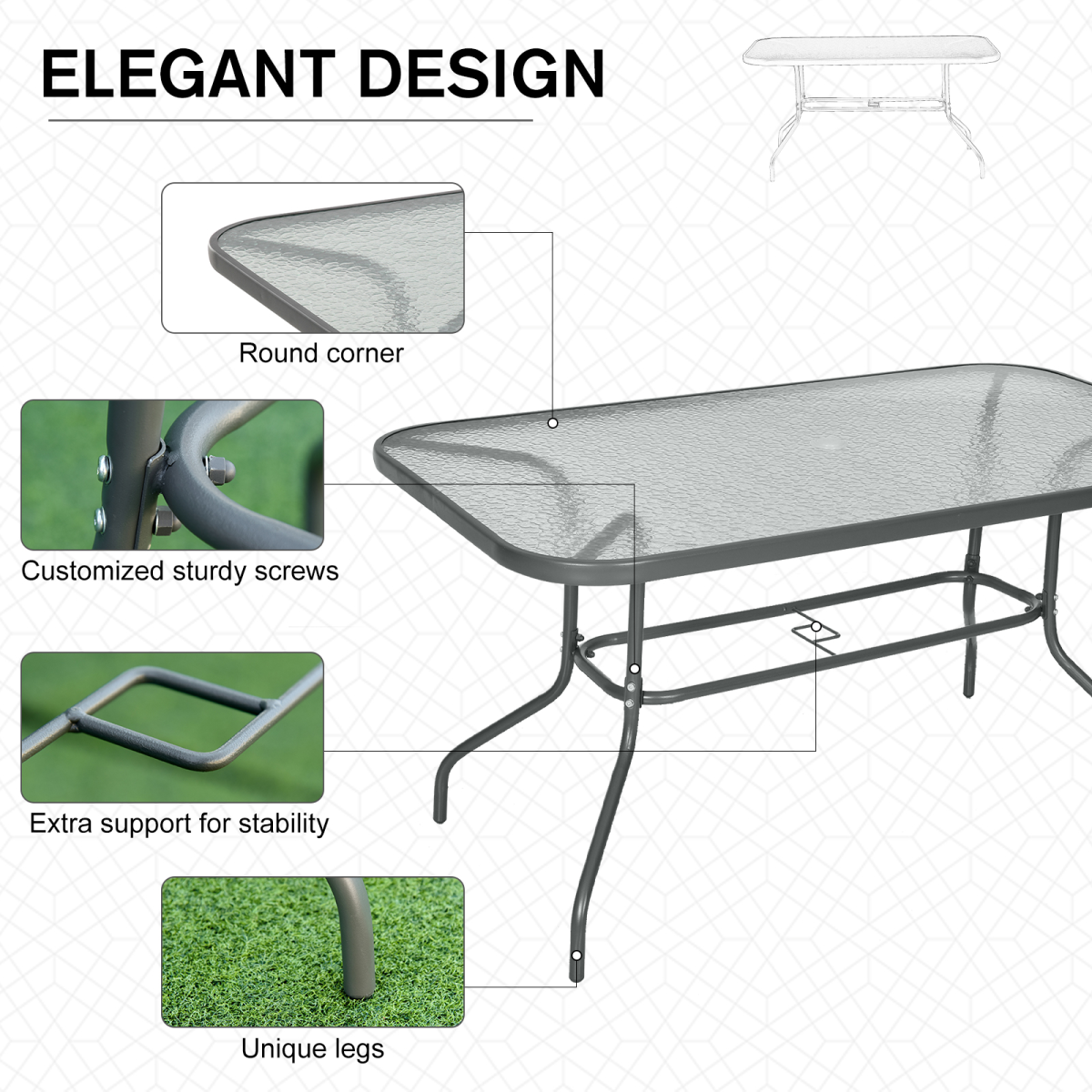 Outsunny Aquatex Glass Garden Table Curved Metal Frame w/ Parasol Hole 4 Legs - Garden Table