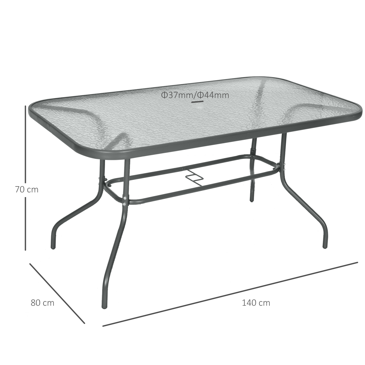 Outsunny Aquatex Glass Garden Table Curved Metal Frame w/ Parasol Hole 4 Legs - Garden Table