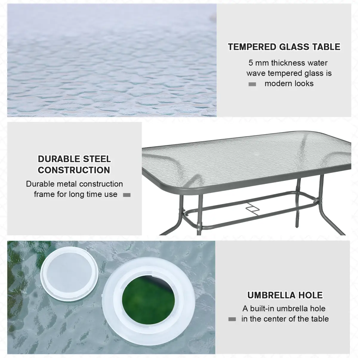 Outsunny Aquatex Glass Garden Table Curved Metal Frame w/ Parasol Hole 4 Legs - Garden Table