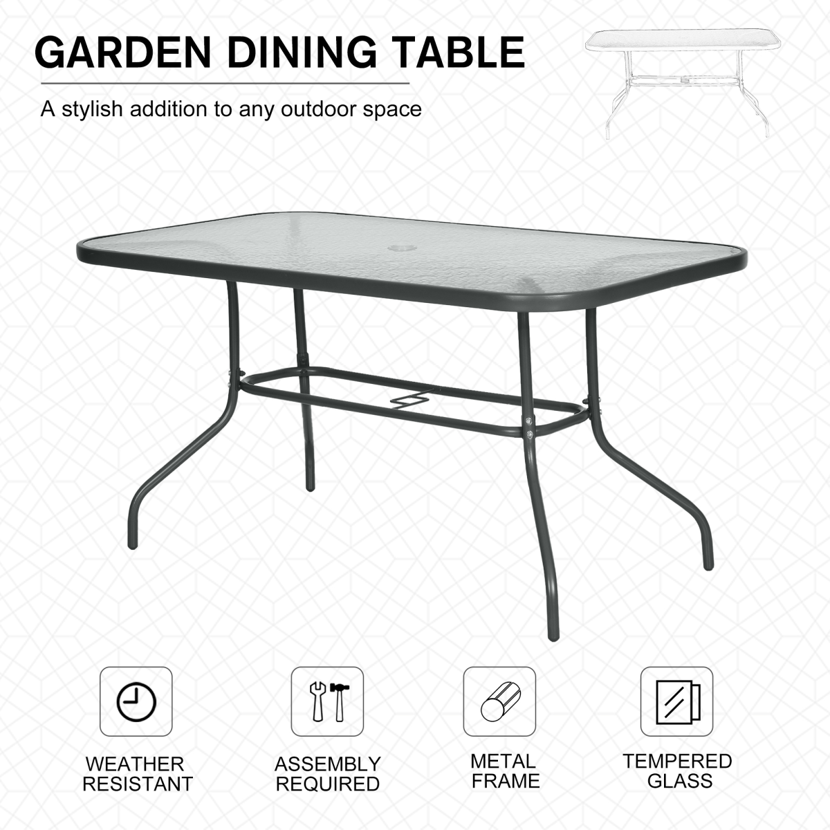 Outsunny Aquatex Glass Garden Table Curved Metal Frame w/ Parasol Hole 4 Legs - Garden Table