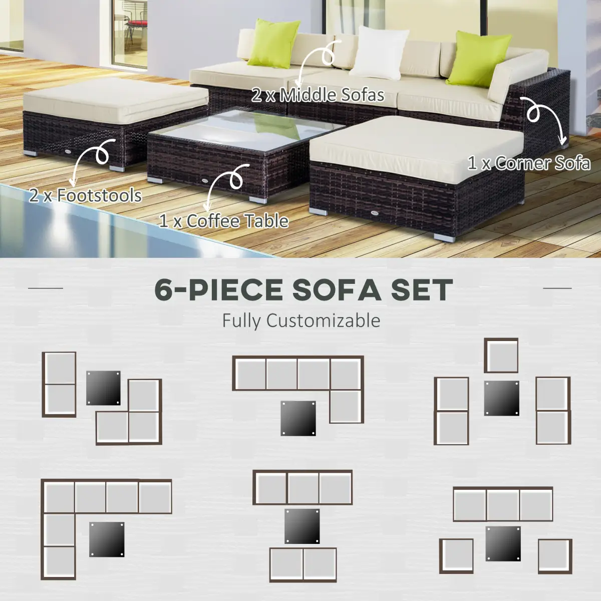 Outsunny 6 PC Rattan Sofa Coffee Table Set Sectional Wicker Weave Furniture - Garden Sofa Sets