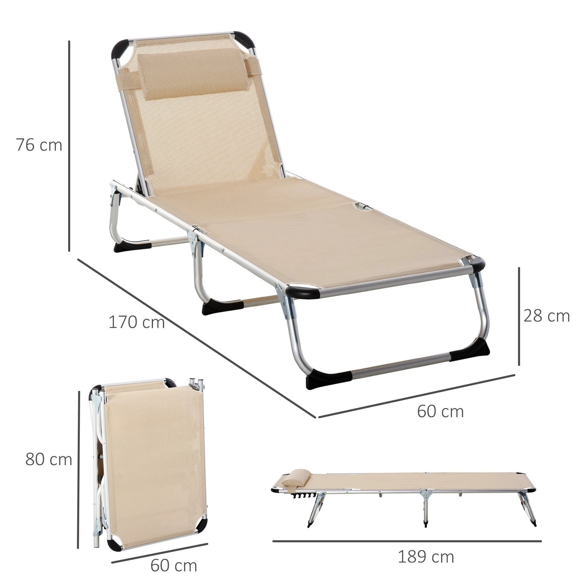 Outsunny Foldable Reclining Sun Lounger Lounge Chair Camping Bed Cot with Pillow - Sun Lounger