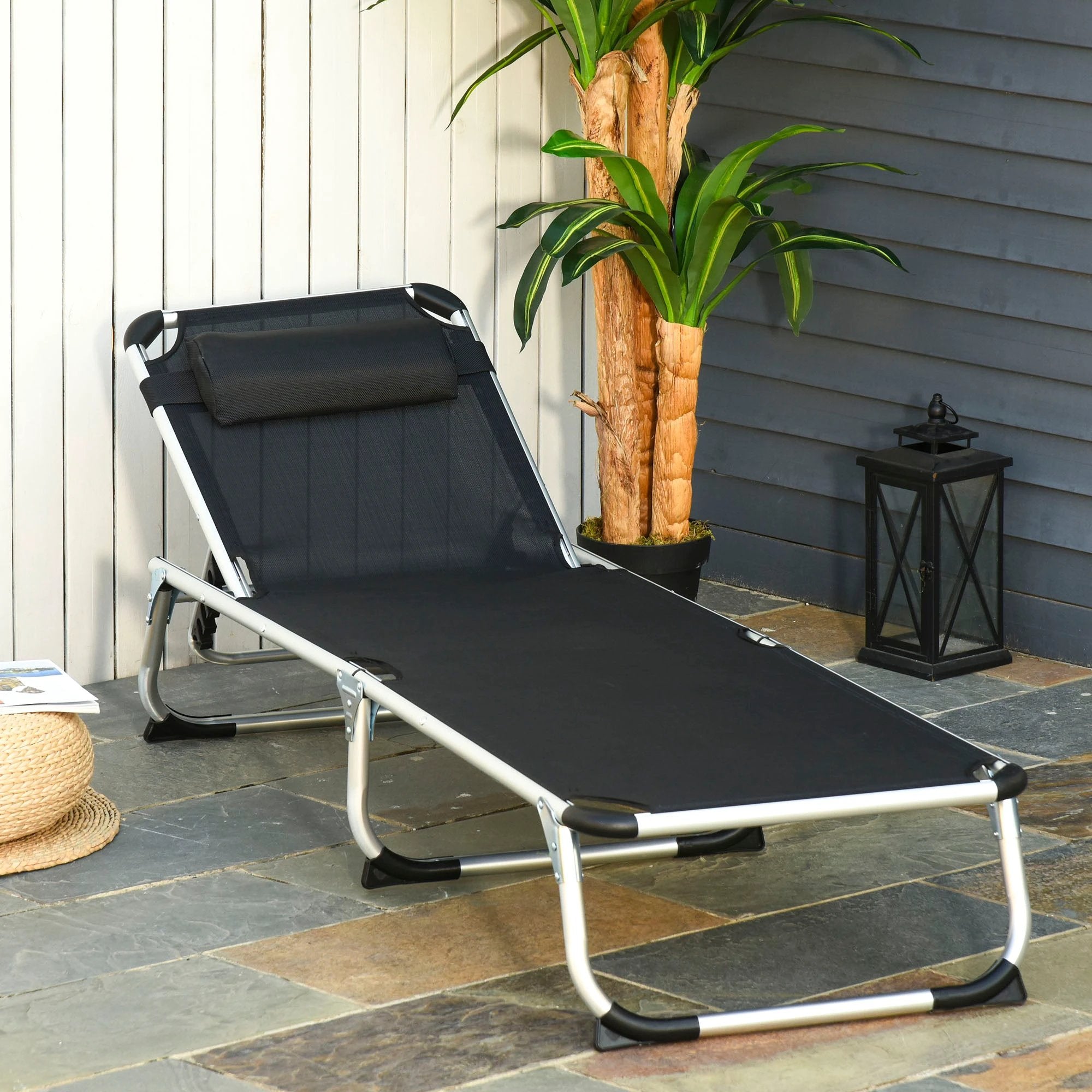 Outsunny Foldable Reclining Sun Lounger Lounge Chair Camping Bed Cot with Pillow - Sun Lounger