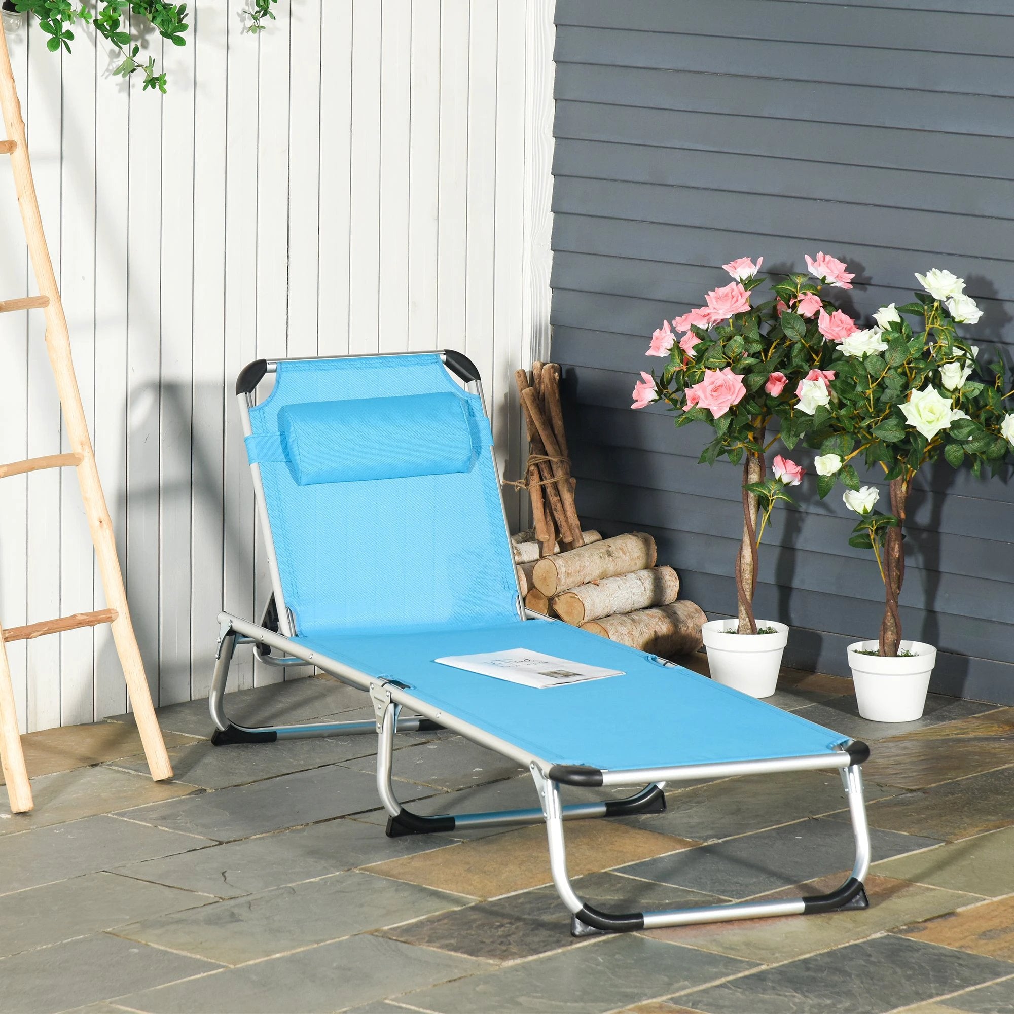 Outsunny Foldable Reclining Sun Lounger Lounge Chair Camping Bed Cot with Pillow - Sun Lounger