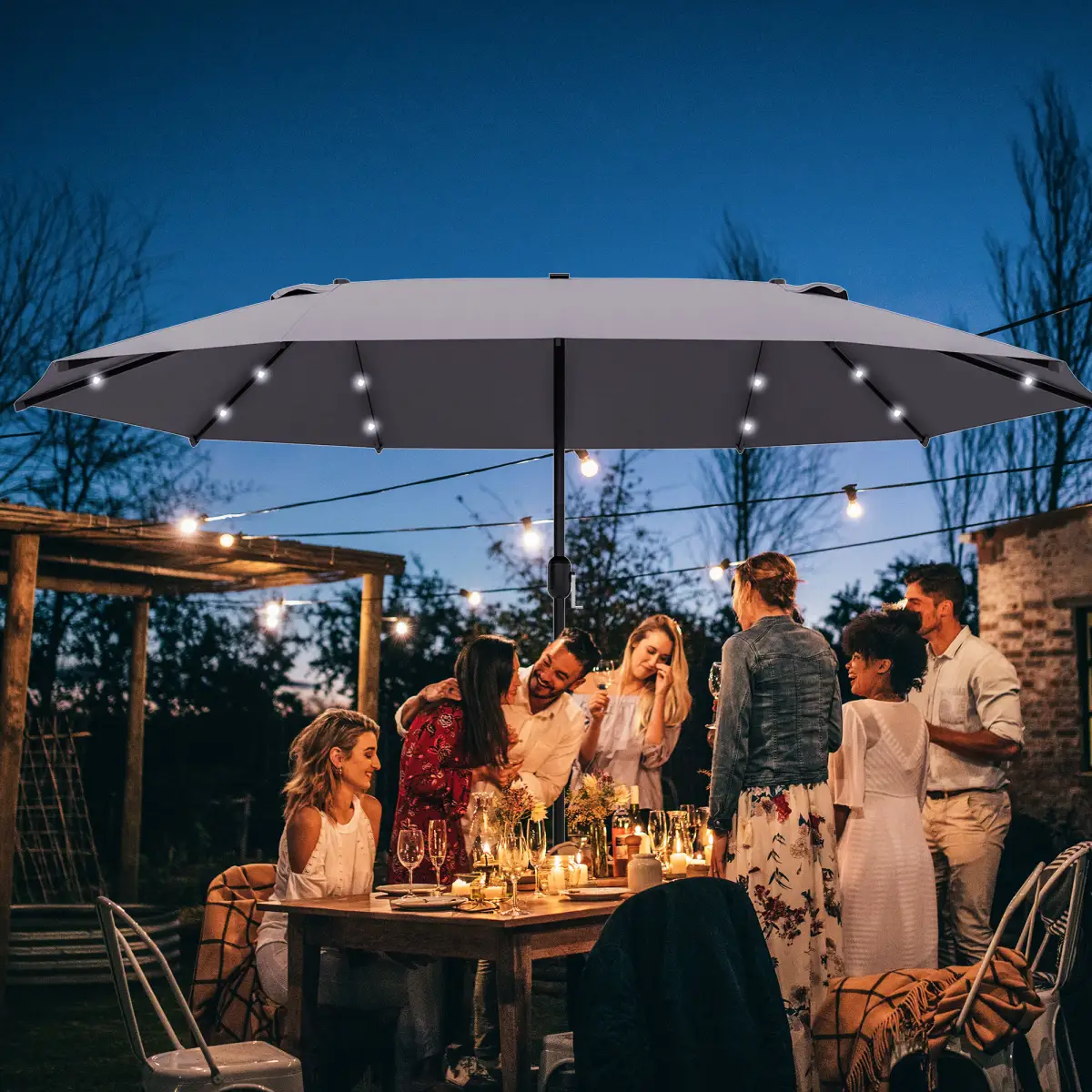 Outsunny Garden Parasol 4.4m Double-Sided Sun Umbrella Patio Sun Shade LED Solar Light - Parasol