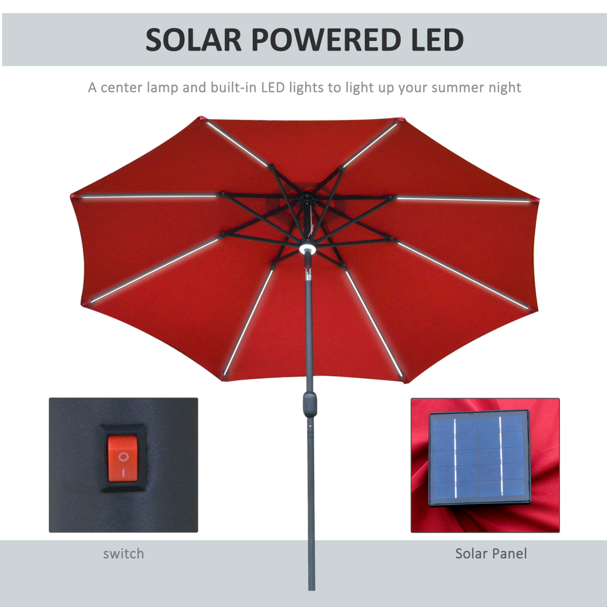 Outsunny 2.7m Garden Parasol Sun Umbrella Patio Summer Shelter w/ LED Solar Light - Parasol