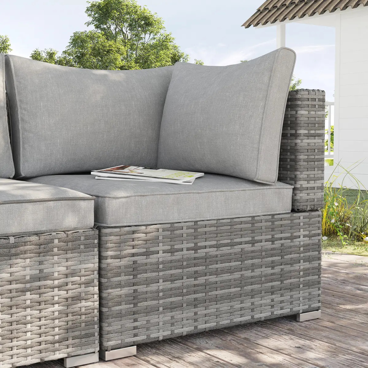 Outsunny PE Rattan Wicker Corner Sofa Garden Furniture Single Sofa Chair w/ Cushions - Garden Sofa Sets