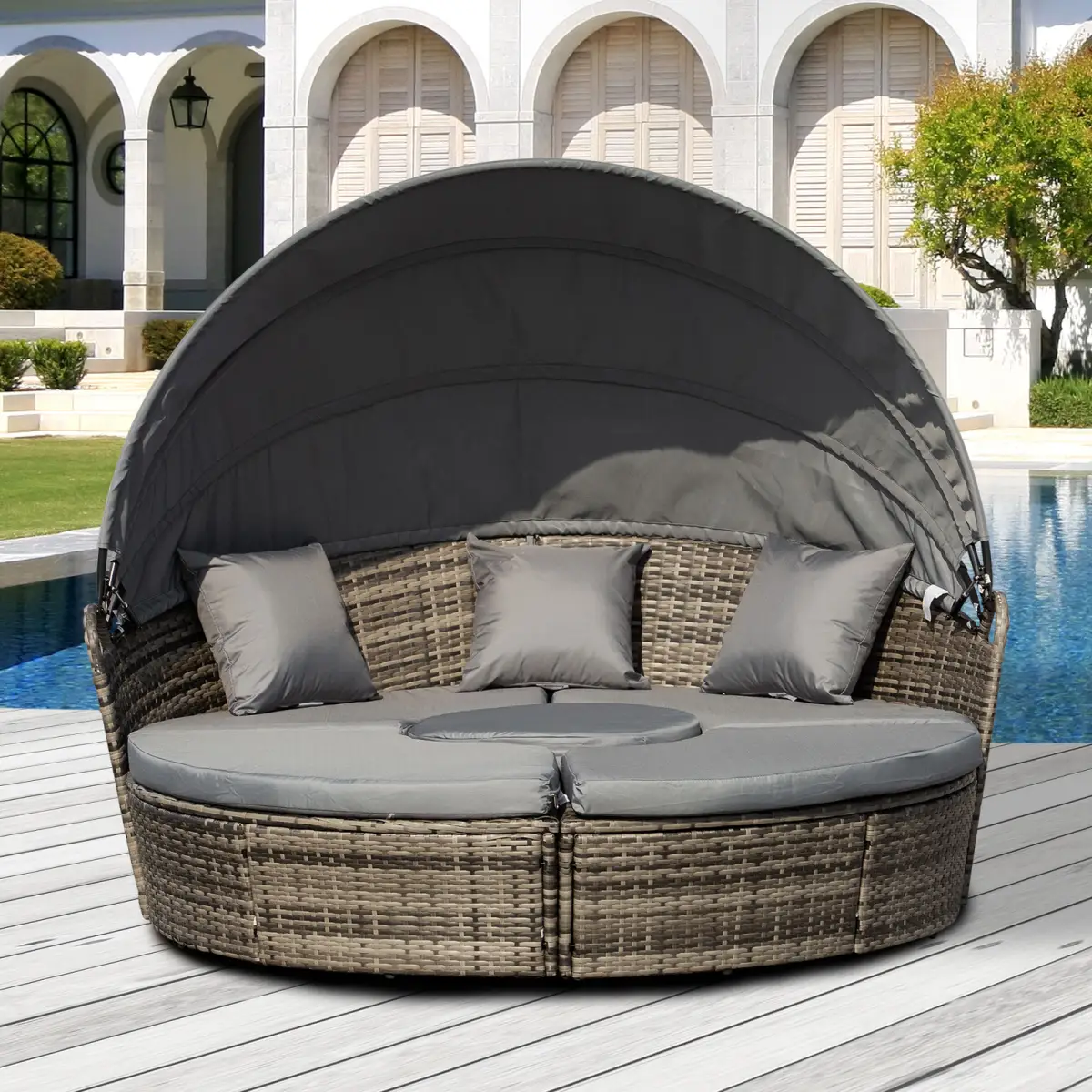 Outsunny 5 Pc Outdoor Plastic Rattan Wicker Round Sofa Bed Coffee Table Sectional Set - Garden Sofa Sets