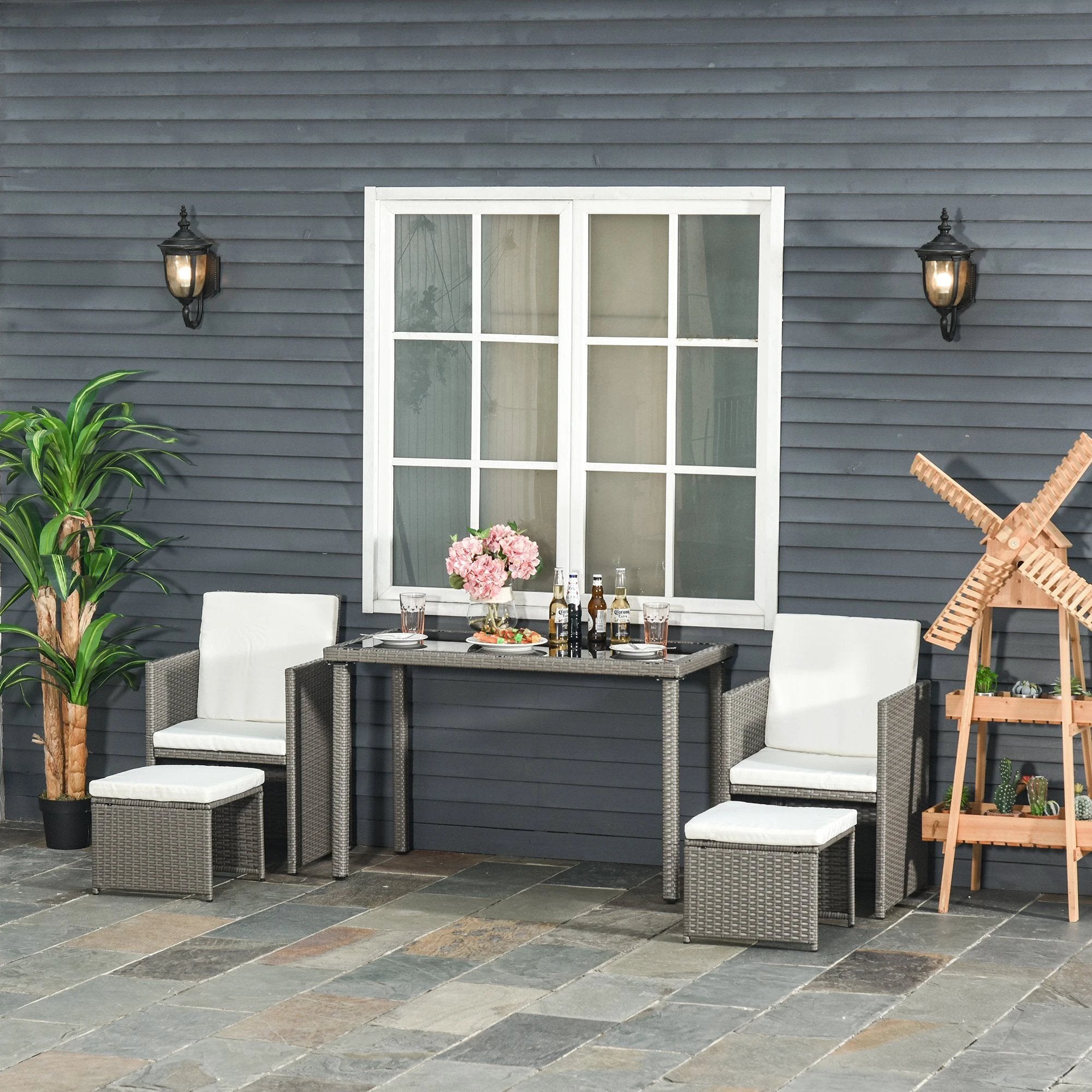 Outsunny 5 PCs Rattan Garden Furniture Wicker Weave Sofa Set Dining Table Chair Footrest - Garden Sofa Sets