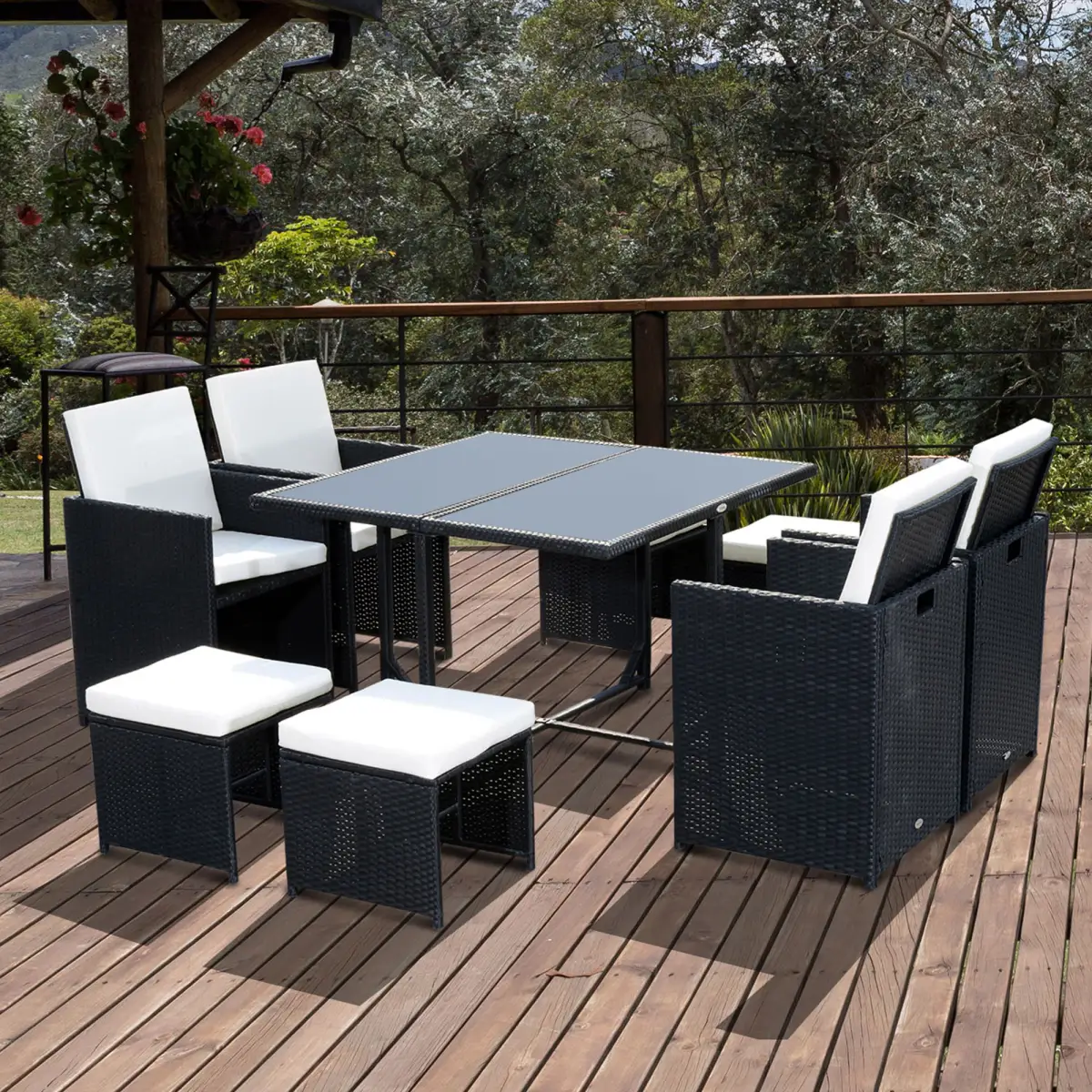 Outsunny 9PC Rattan Garden Furniture Outdoor Patio Dining Table Set Wicker 8 Seater Stool - Garden Set