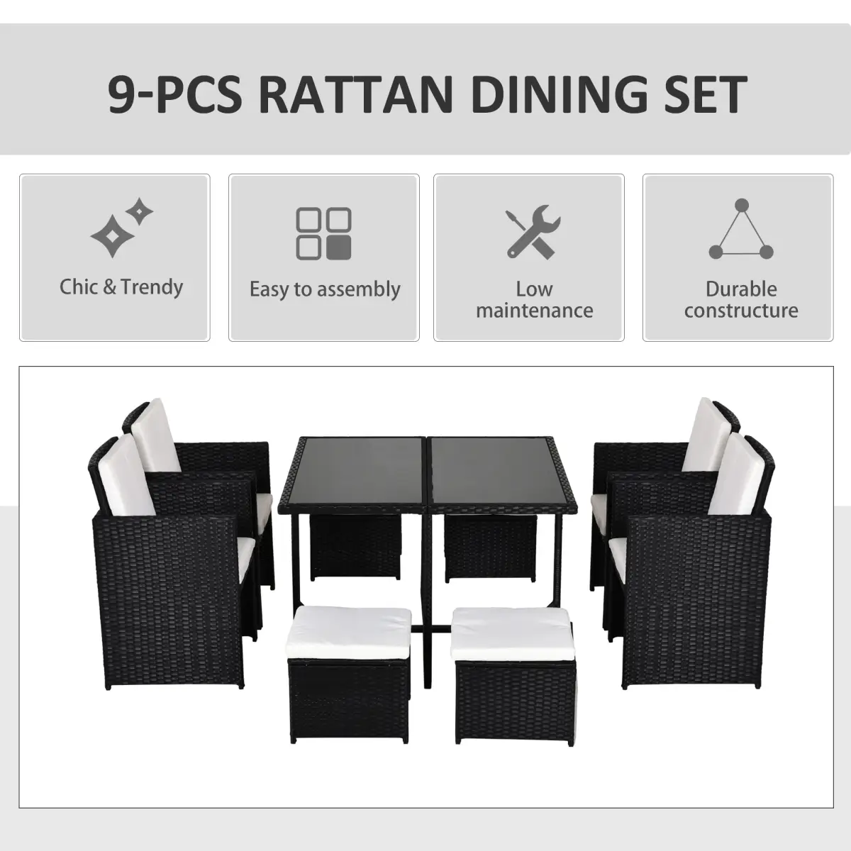 Outsunny 9PC Rattan Garden Furniture Outdoor Patio Dining Table Set Wicker 8 Seater Stool - Garden Set