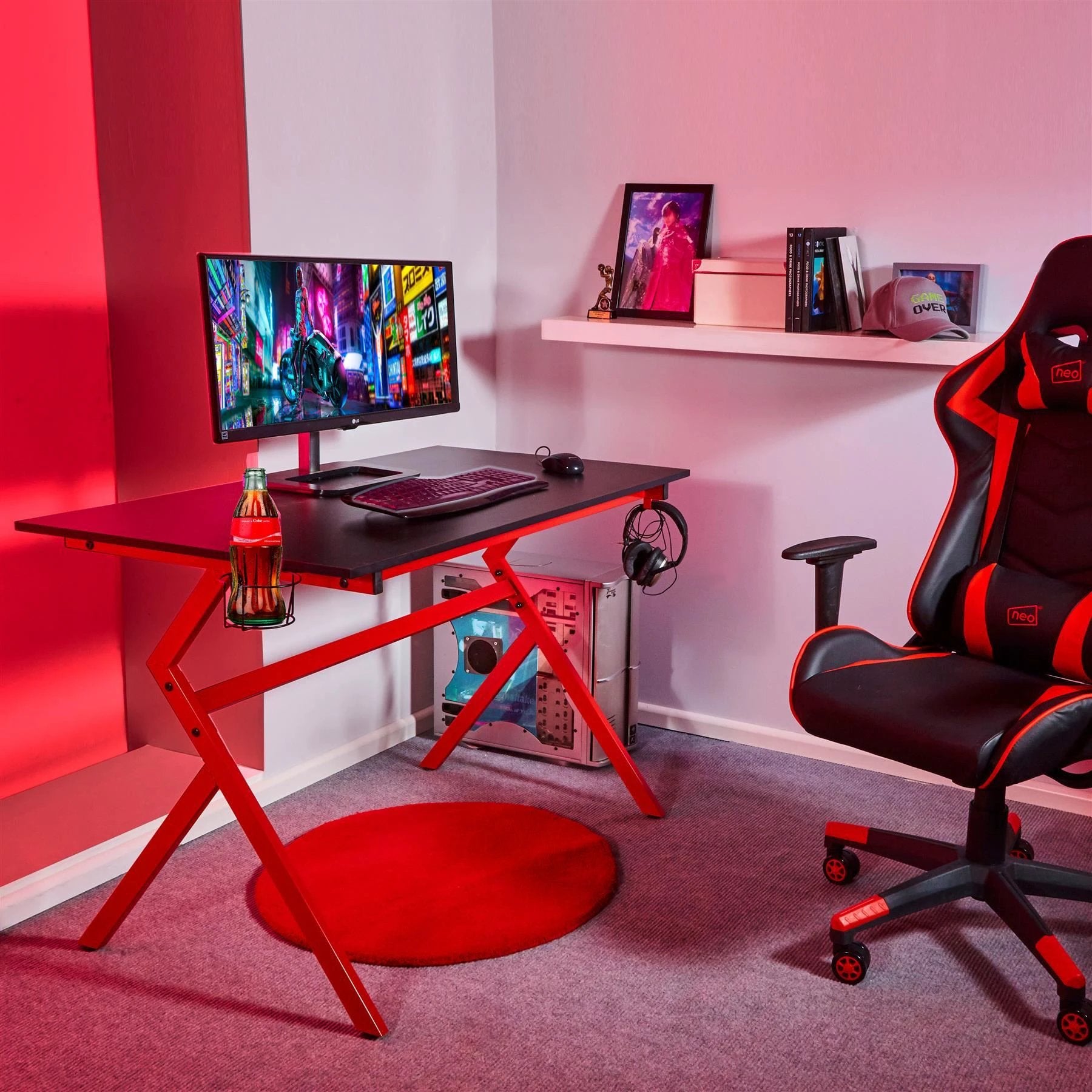 Unbranded Neo Ergonomic Gaming Desk 120x60cm With Headphone Hook Cup Holder And Cable Management For Gamers - Desk