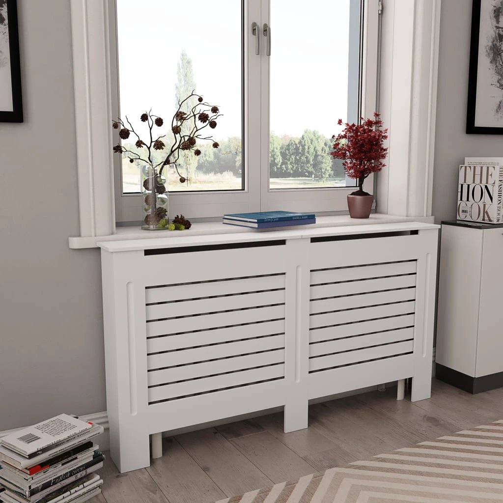 VidaXL Radiator Cover Cabinet 205 cm White MDF Modern Slatted Design With Shelf Living Room by vidaXL
