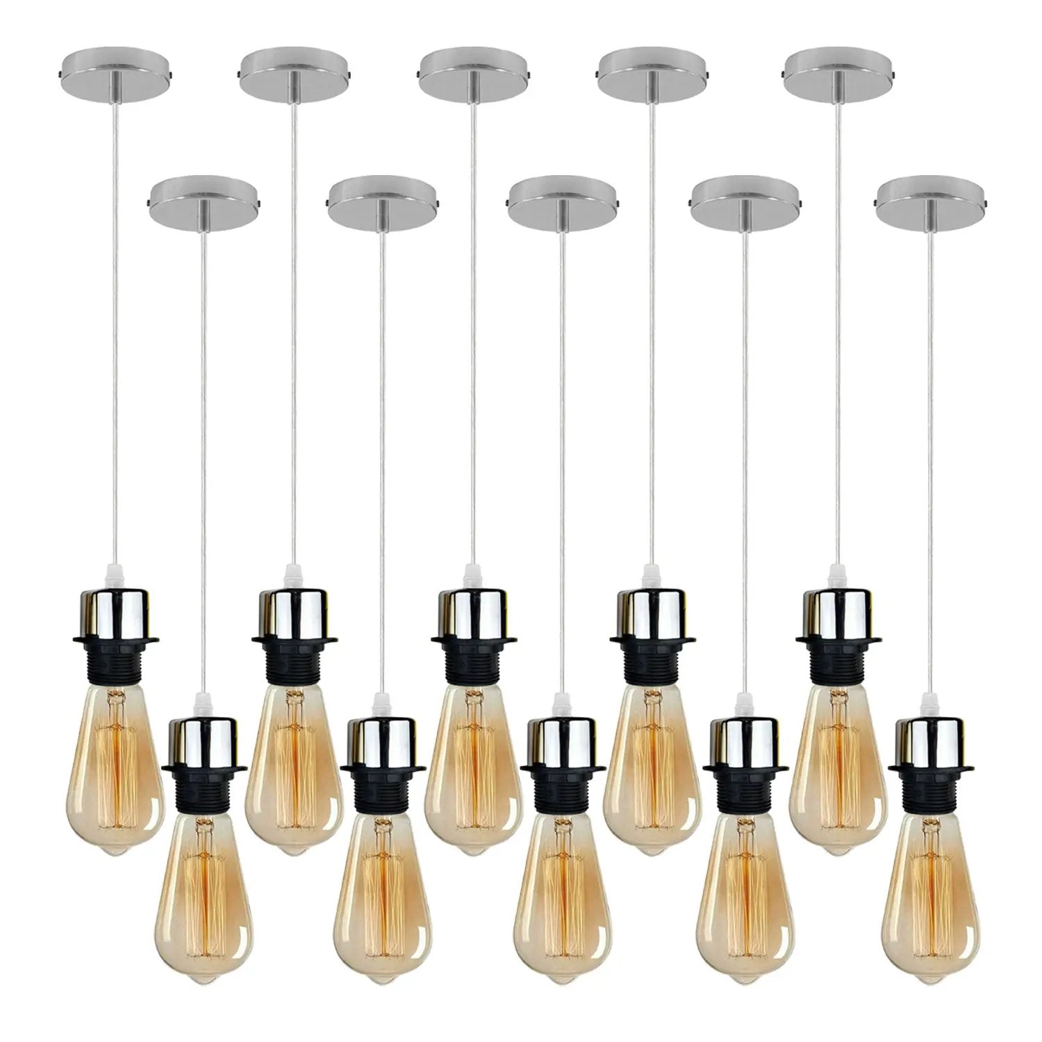 Un-branded 10 Pack Industrial Chrome Pendant Light, Lampshade Addable E27 Lamp Holder Light, - Pendant Lights