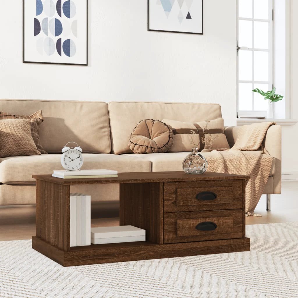 VidaXL White Coffee Table 90x50x35 cm Engineered Wood With Two Drawers And Open Shelf by vidaXL