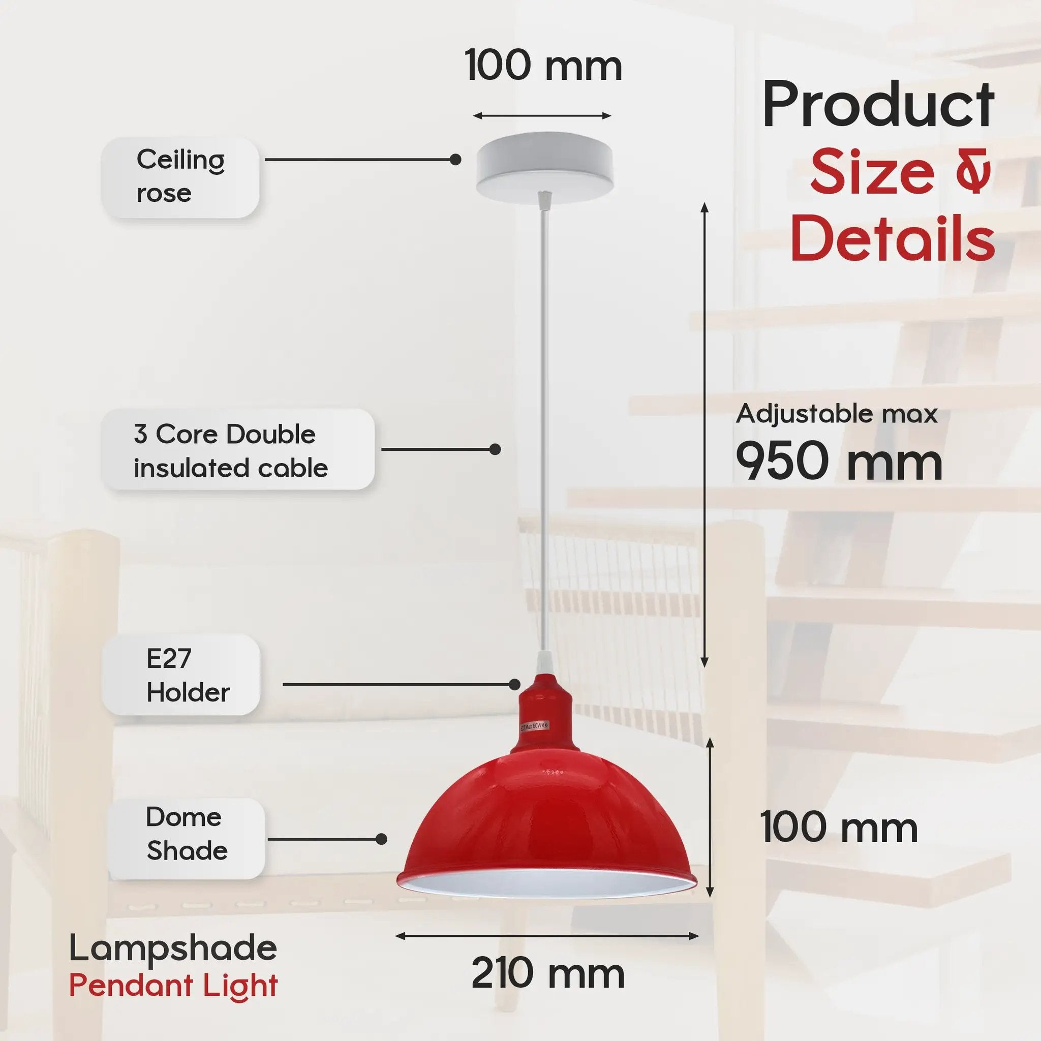 Un-branded 2Pack Dome Shaped Red Loft Style Sturdy Metal Lamp Shade Pendant Lights 21cm Bottom Spray Painted Finish Inner White - Ceiling Lights