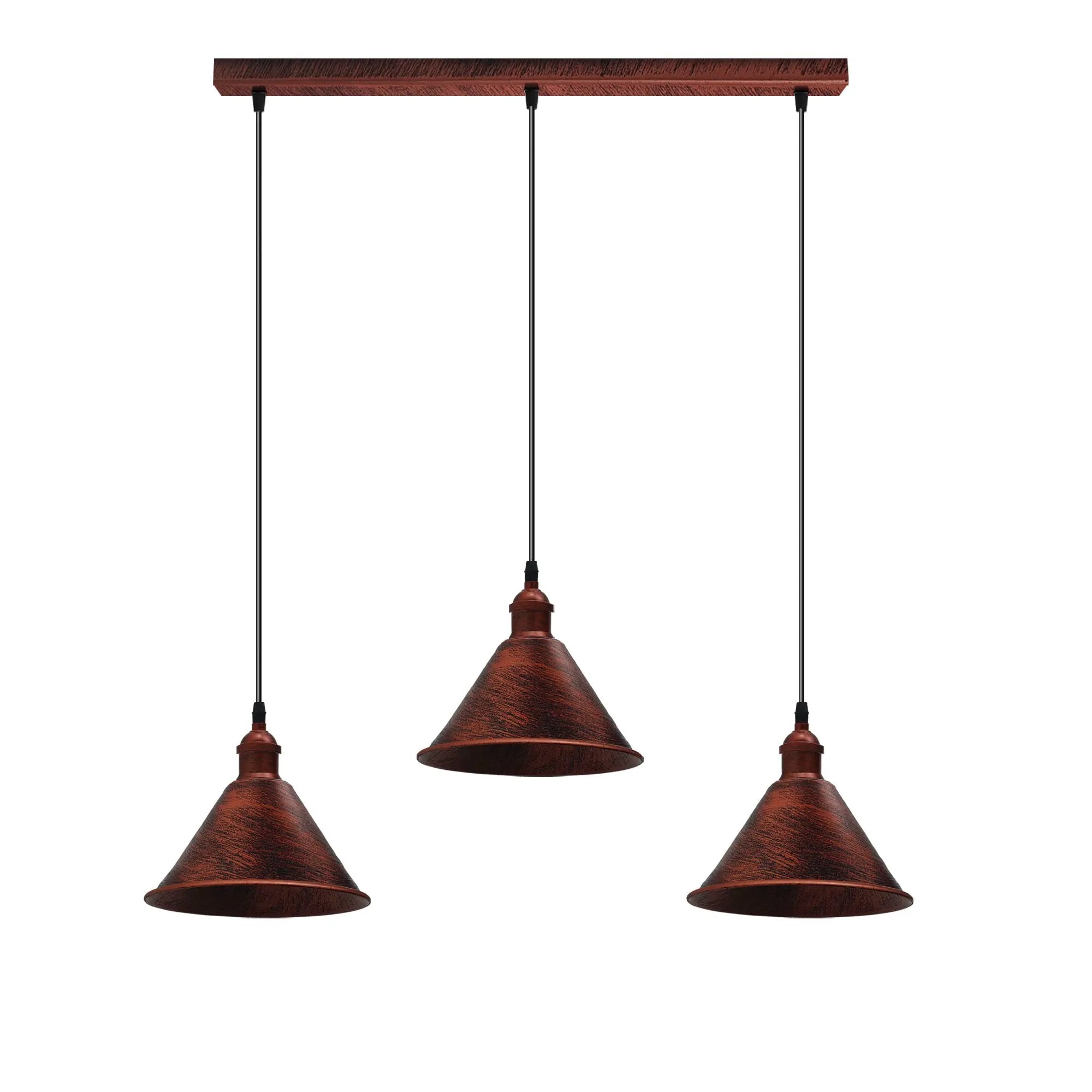 Un-branded Vintage Industrial Rustic Red 3 Head Reactangle Base Pendant Cord E27 Metal Brushed Light Fitting Cone Shape Lamp Shade - Pendant Lights