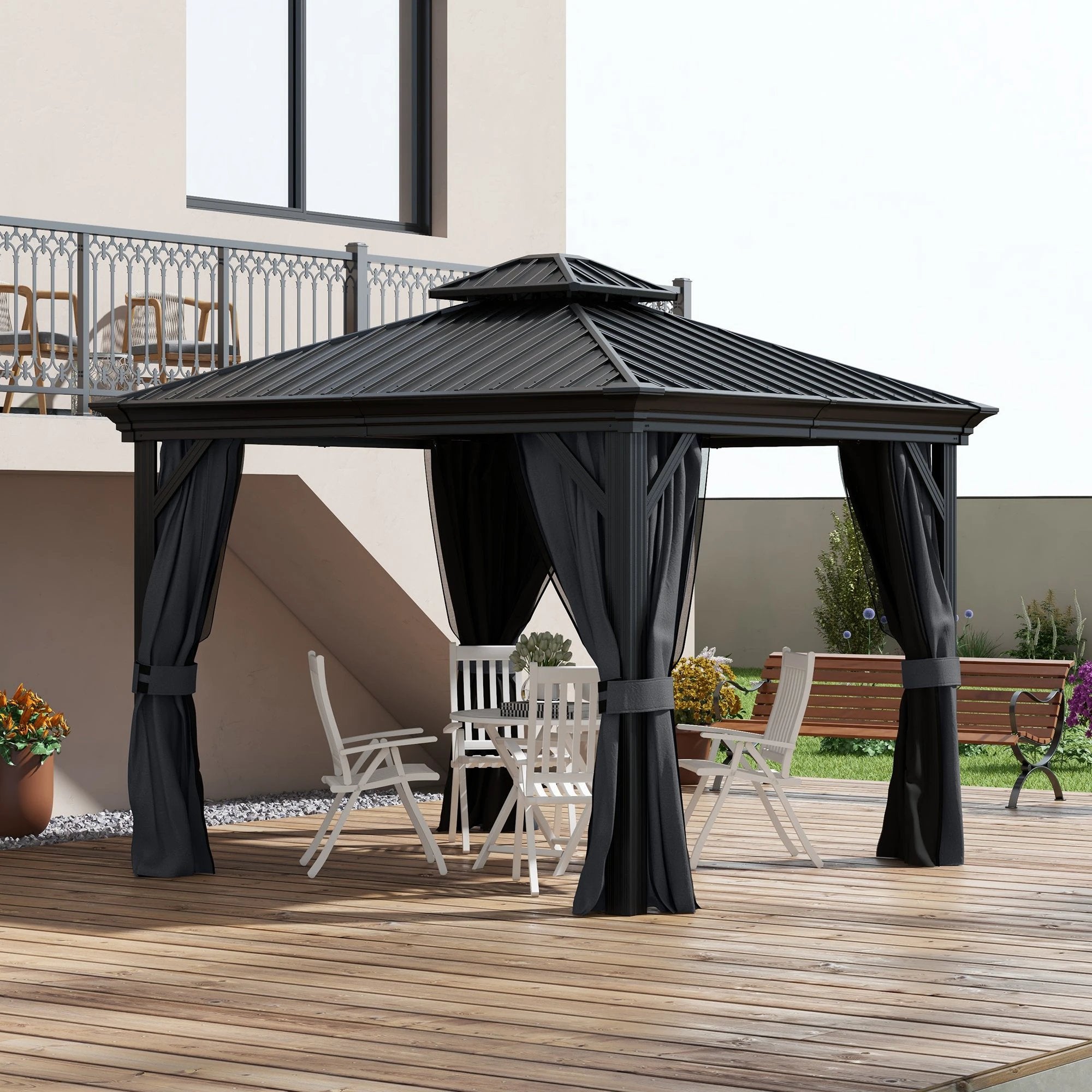 Outsunny Outsunny 3 x 3.7m Aluminium Outdoor Hardtop Gazebo Canopy 2-Tier Roof Dark Grey - Gazebos