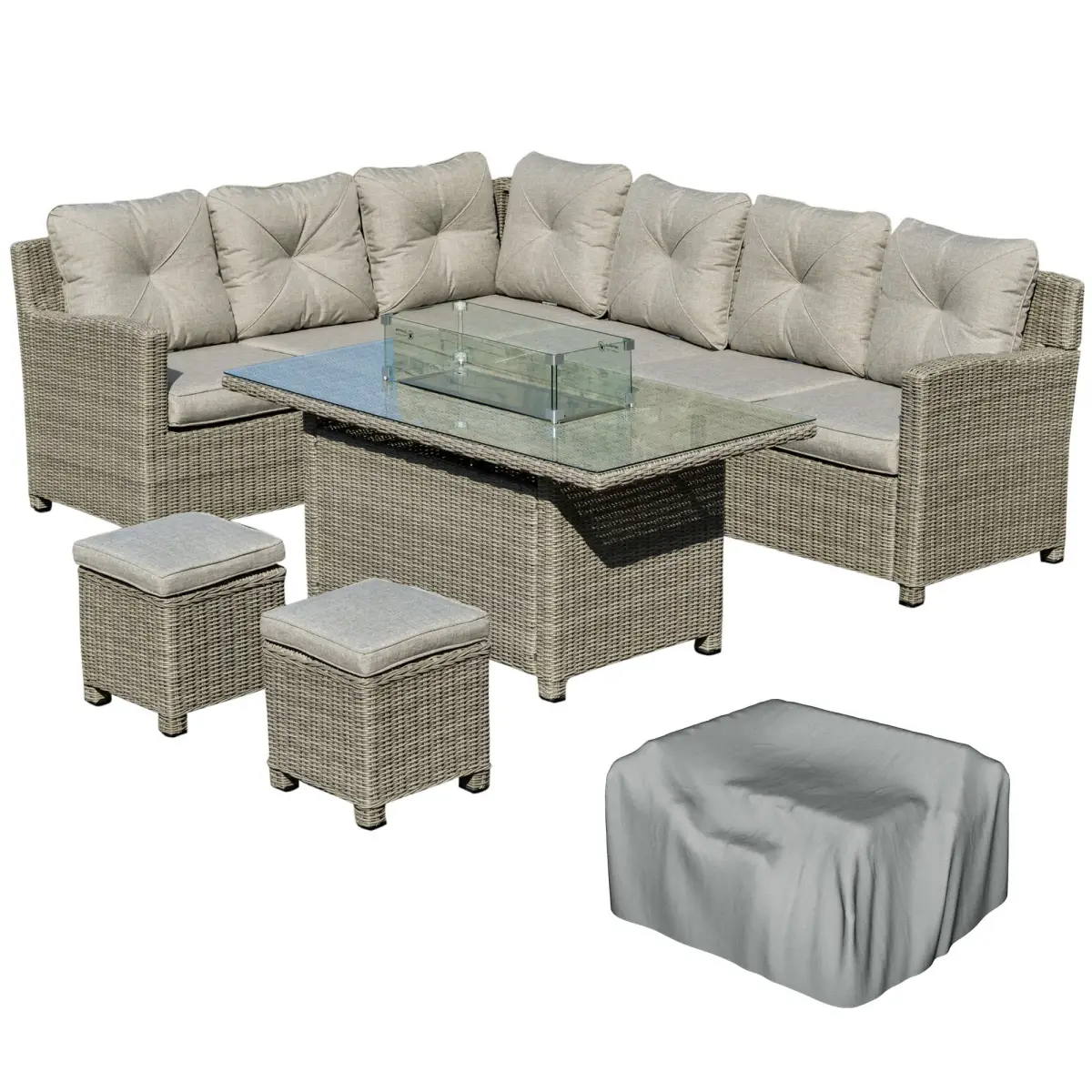 Outsunny Outsunny 5 PCs Outdoor PE Rattan L-Shape Sofa Footstool Fire Pit Table Set - Garden Sofa Sets