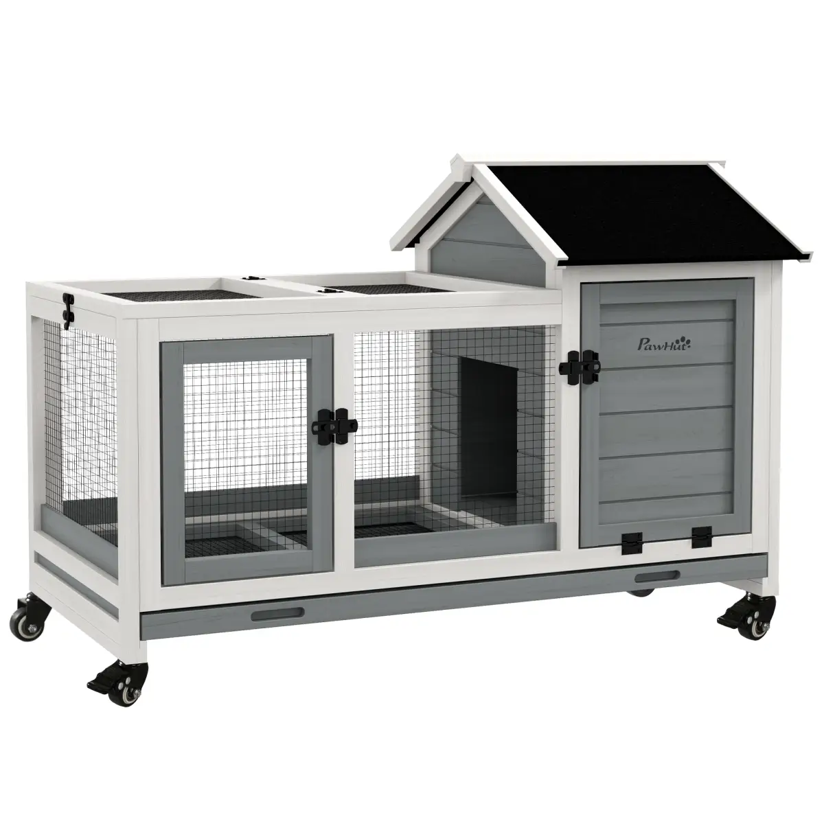 PawHut PawHut Wooden Rabbit Hutch, Small Animal House w/ Wheels, Removable Tray - Grey - Rabbit Hutch