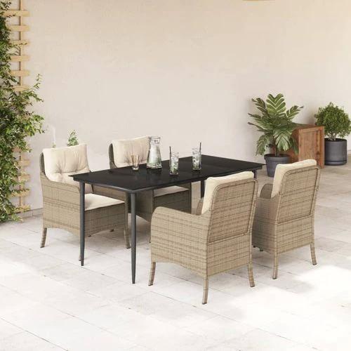vidaXL VidaXL 5 Piece Garden Dining Set 160x80x74 cm Weather Resistant Beige Poly Rattan with Cushions for Outdoor Patio Use - Garden Set