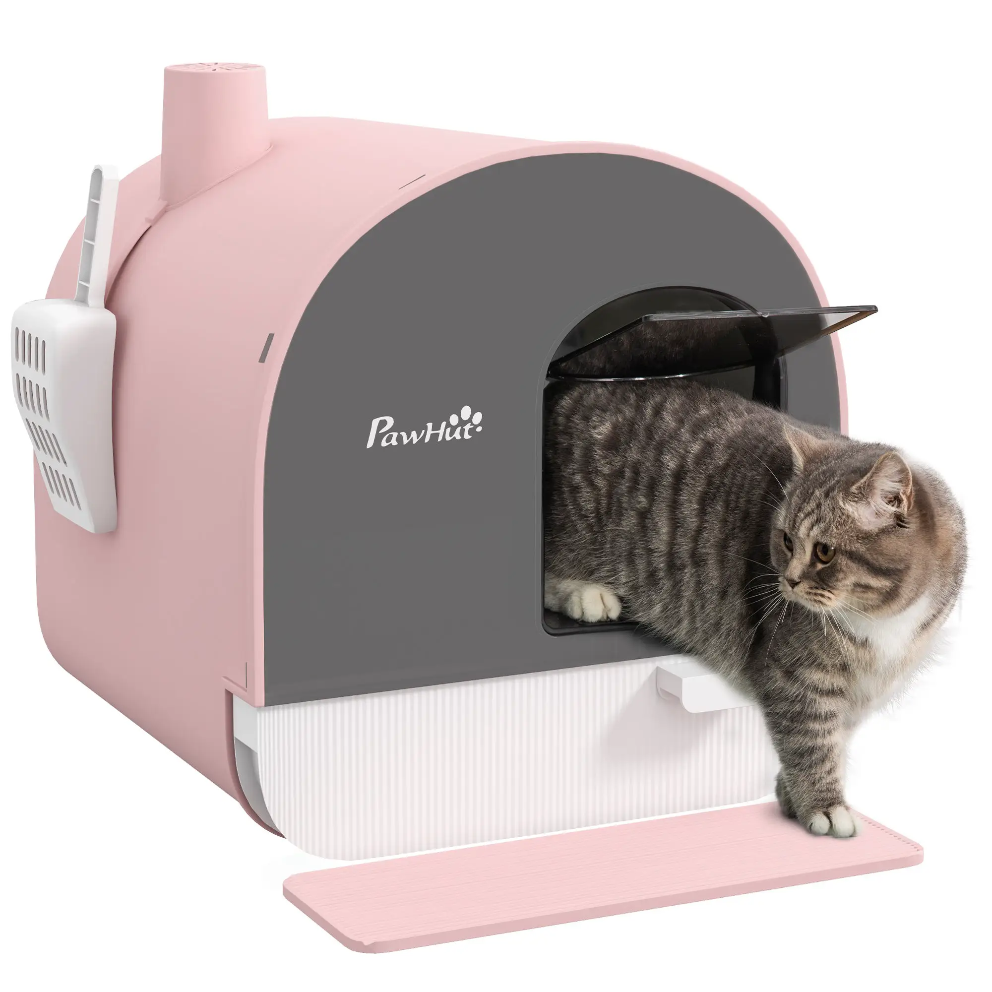 PawHut Cat Litter Box Kitten Litter Tray w/ Lid, Scoop, Filter, Flap Door, Pink - Cat Litter
