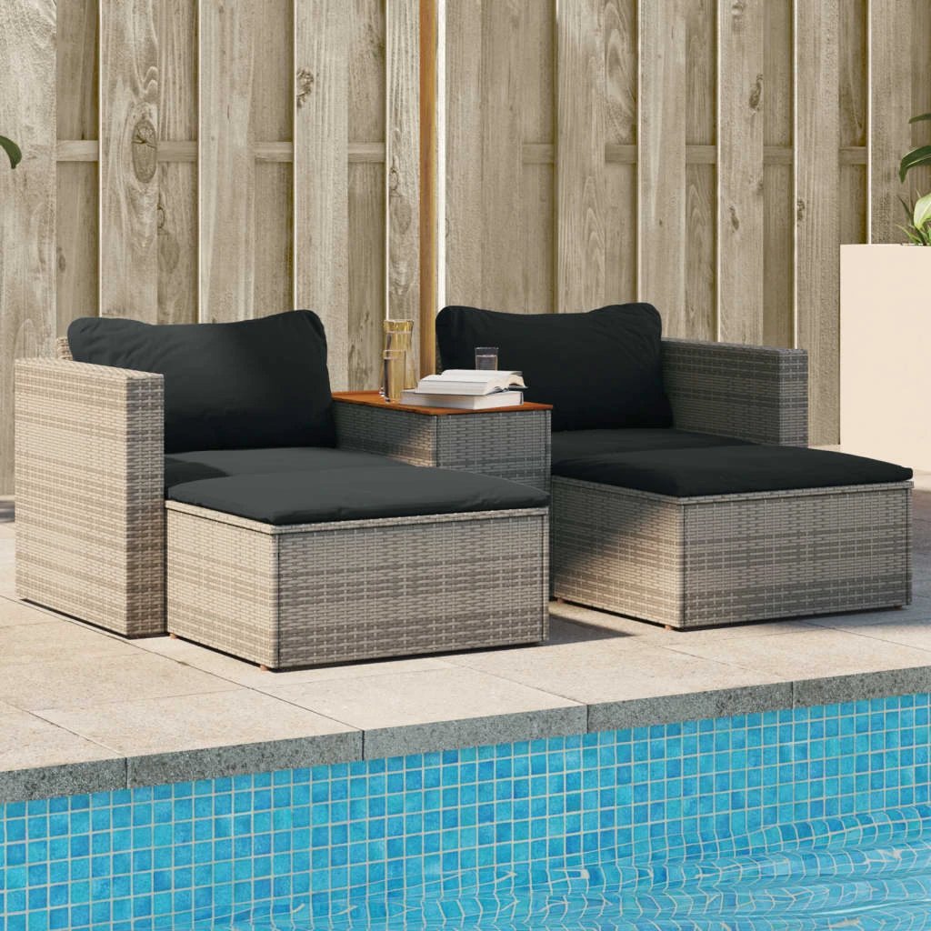 vidaXL vidaXL 5 Piece Garden Sofa Set with Cushions Black Poly Rattan Acacia - Garden Sofa Sets