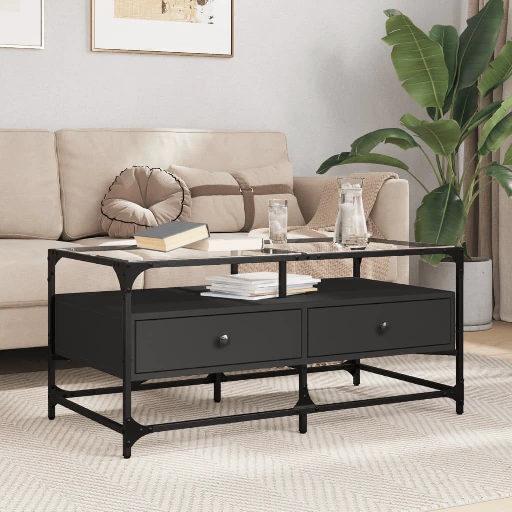 VidaXL Coffee Table 98.5x50x45 cm Glass Top Black Steel by vidaXL