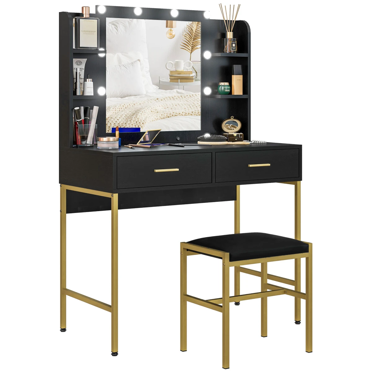 HOMCOM HOMCOM Makeup Vanity Desk Set With Lighted Mirror And Storage Drawers And Cushioned Stool For Home Use - Chest of Drawers