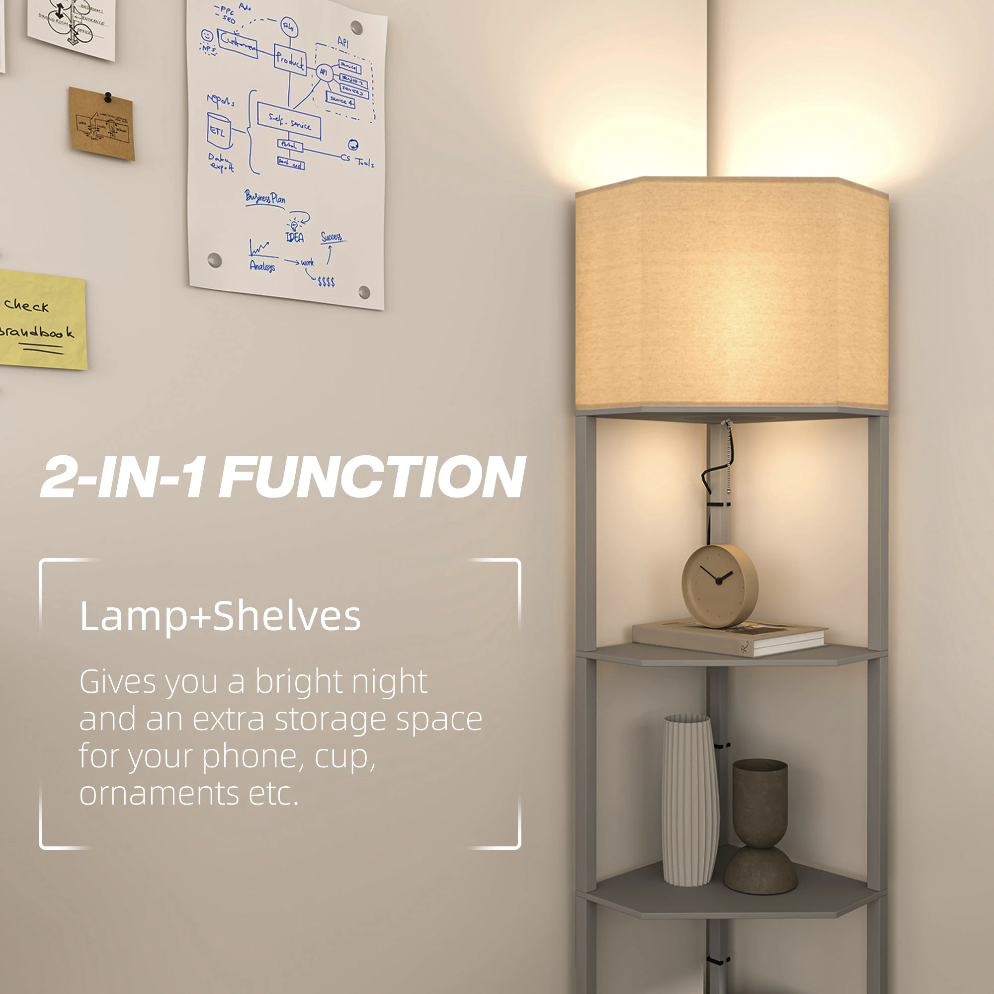 HOMCOM Corner Floor Lamp with Shelves for Living Room Use by HOMCOM