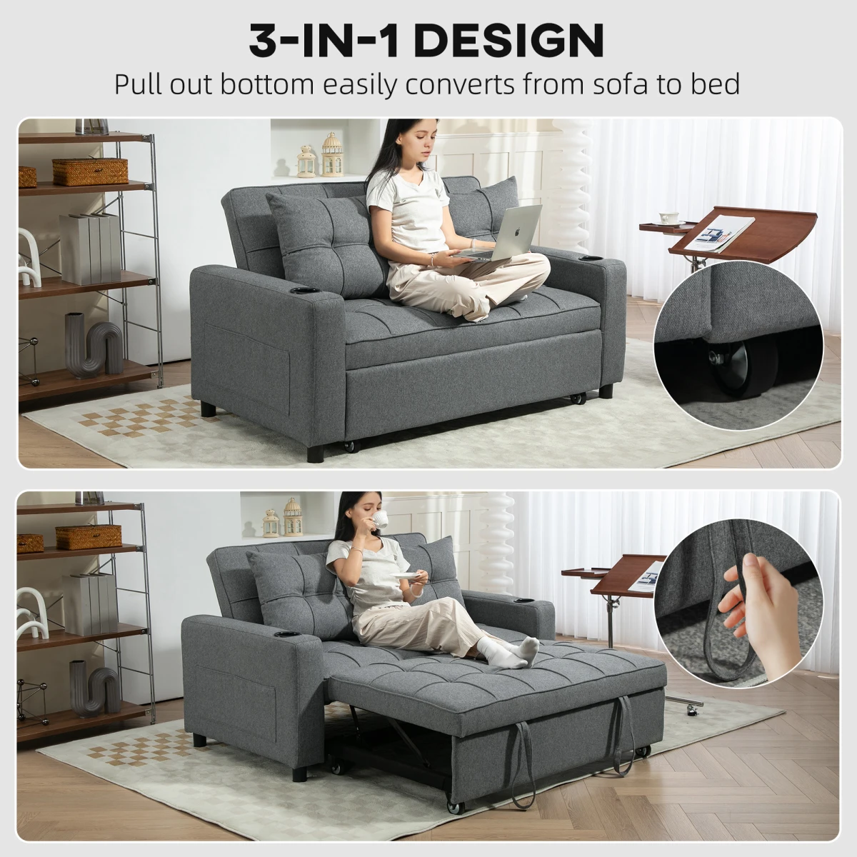 HOMCOM HOMCOM Two Seater Sofa Bed With Pockets For Living Room - Sofa Bed