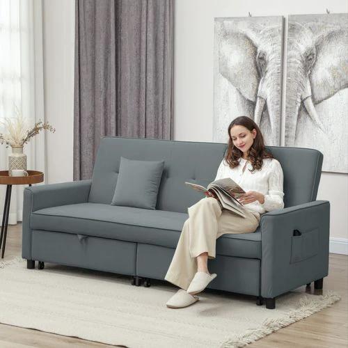 HOMCOM Reversible L-Shaped Sectional Sofa Bed with Eucalyptus Wood Frame and Velvet Upholstery for Small Space Living - Sofa