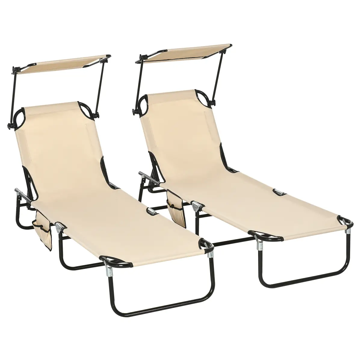 Outsunny Comfort Lounge Chairs - Adjustable Recline & Sunshade - Set of 2 - Sun Lounger