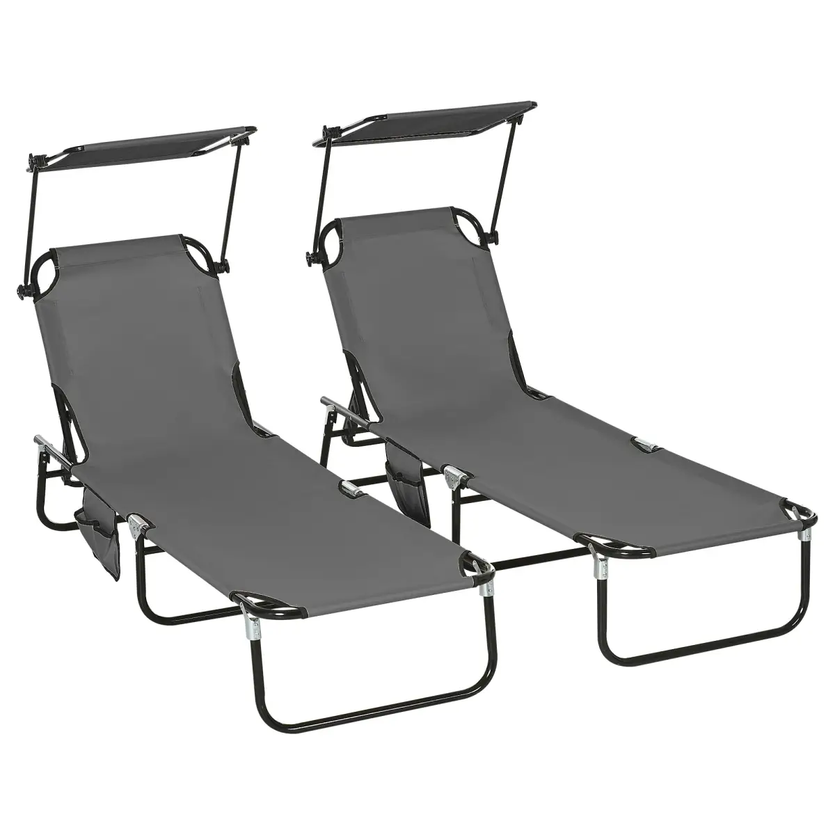 Outsunny Comfort Lounge Chairs - Adjustable Recline & Sunshade - Set of 2 - Sun Lounger